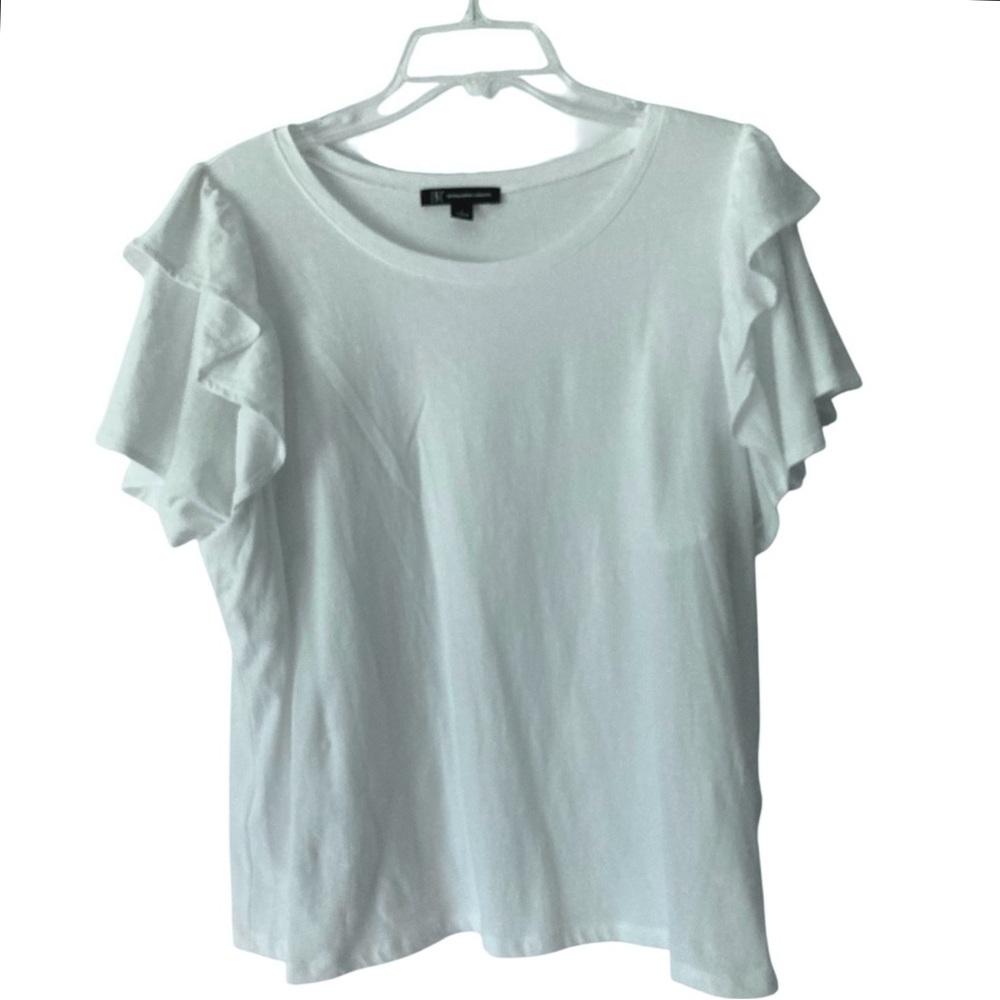 INC International Concepts White Ruffle Sleeve Tee Large